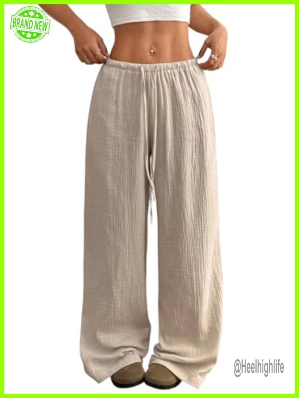 Linen Wide Leg Beach Trousers with Pockets Drawstring Palazzo Pants